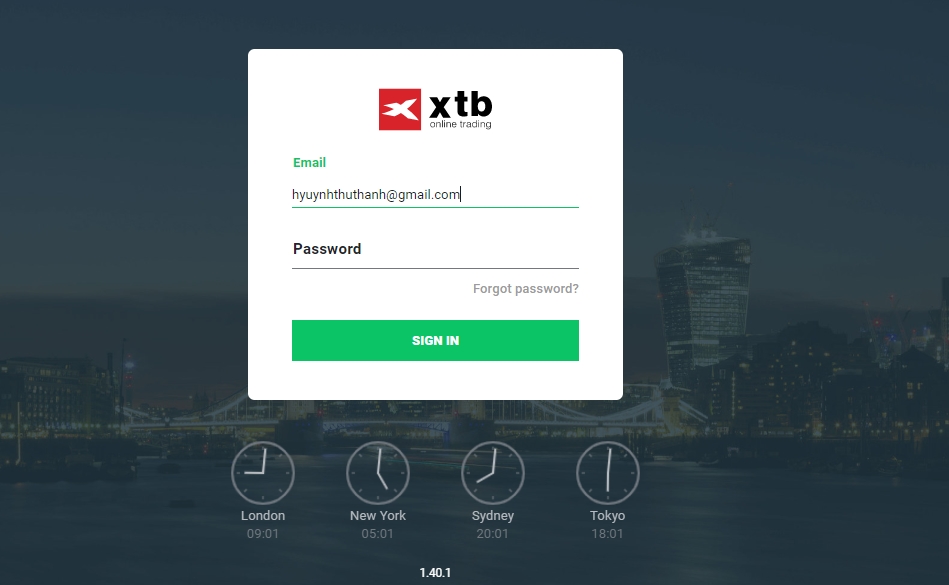 Giao diện trang web XTB đăng nhập tài khoản